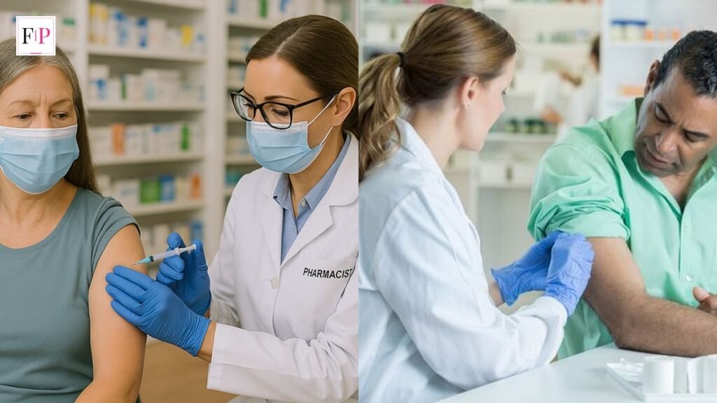 Pharmacist checking flu jab eligibility before giving a free NHS flu vaccination