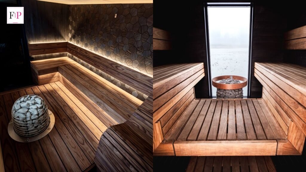 Finnish sauna interior with wooden benches showing sauna benefits for heart and recovery