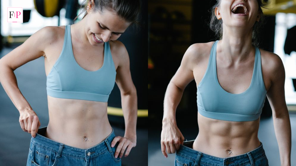 Side-by-side stock fitness images of a woman showing her jeans hanging loose, echoing the long-term change behind the Alison Hammond weight loss journey