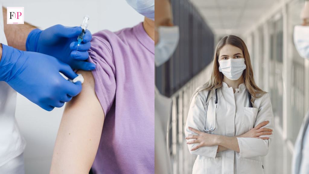 Flu vaccination at Boots — pharmacist giving a Boots flu jab to a patient