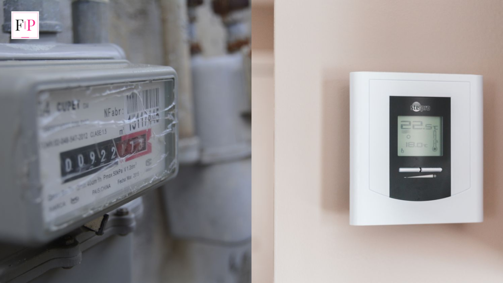Gas and electricity meter beside a home thermostat, illustrating the October 2026 energy price cap rise