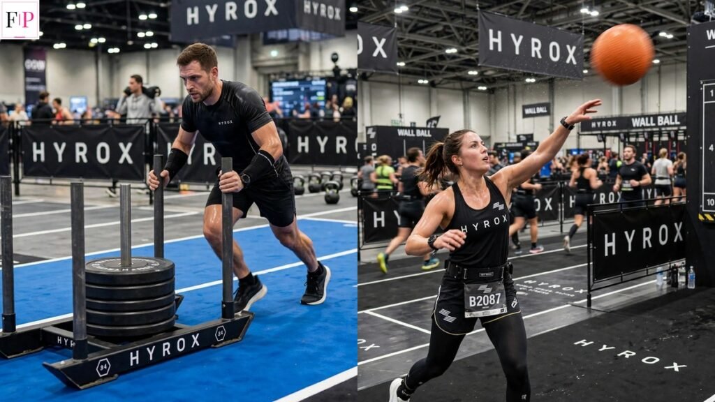 Two HYROX race moments: athlete pushing a sled and athlete throwing a wall ball during HYROX training