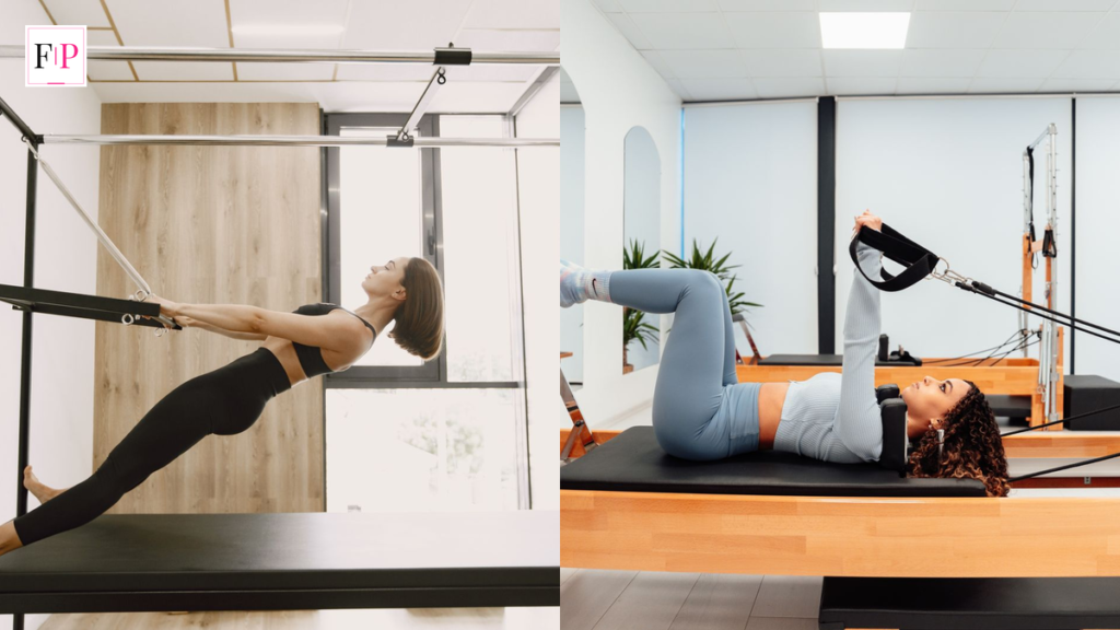 Woman practising on a reformer at a pilates studio near you after searching for pilates near me