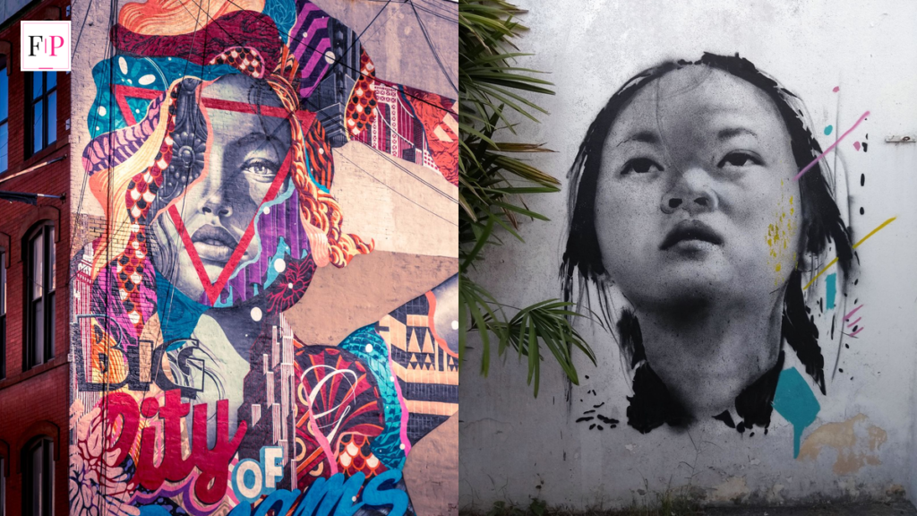 Colourful street art murals on a city wall, the style of the anonymous artist Banksy, in answer to who is Banksy