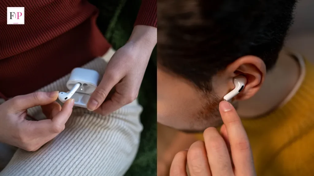 A woman holding a white wireless earbud beside its open case and a man wearing a white wireless earbud — the airpods pro 3