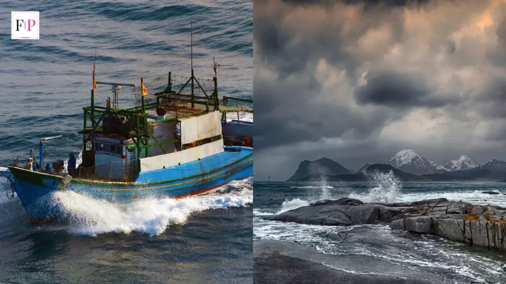 Below Netflix: Cast, Episode Guide and UK Release Date A fishing boat cutting through dark waves beside a stormy rocky coast — below netflix sea-monster thriller series