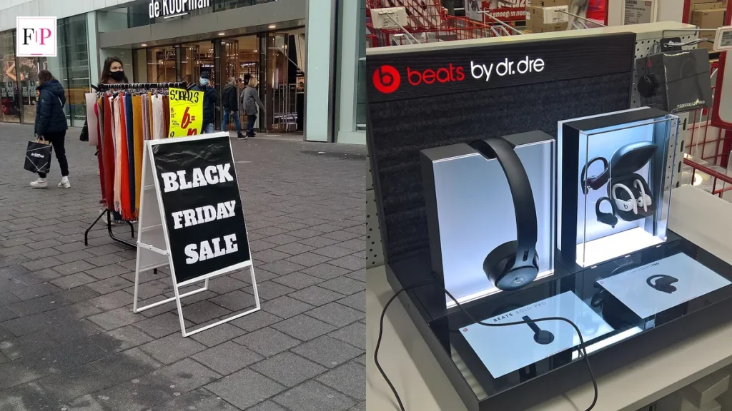 A Black Friday sale sign and headphones on display in an electronics store — hunting black friday deals 2026