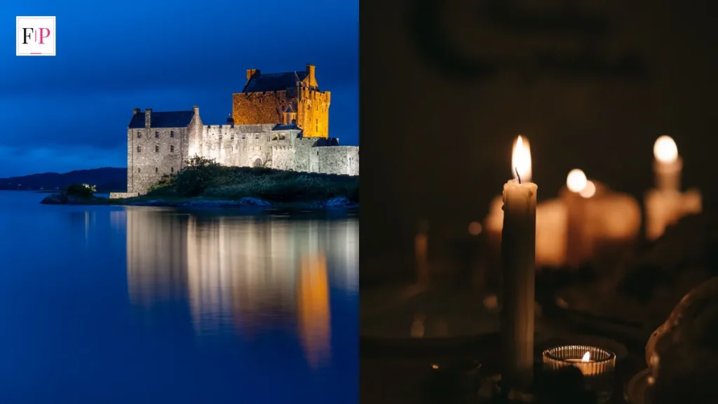 A Scottish castle lit up at dusk beside the water and candles on a dark table — the castle world of celebrity traitors episode 5