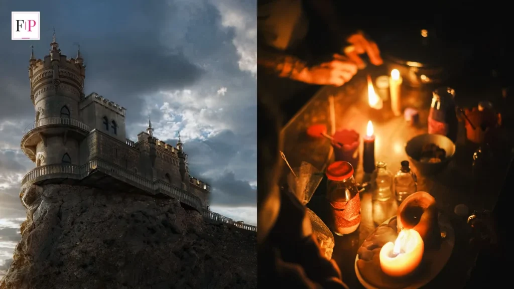 Celebrity Traitors Episode 7: Date, Time and Preview A castle on a rocky cliff at dusk beside glowing candles on a dark table — the castle world of celebrity traitors episode 7