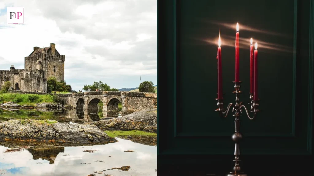 Eilean Donan Castle in the Scottish Highlands beside glowing red candles in a dark room — the castle world of celebrity traitors episode 8