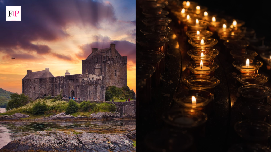Celebrity Traitors 2026: 9 Explosive Facts About Series 2 Eilean Donan Castle at sunset beside flickering candles — the celebrity traitors castle mood for series 2