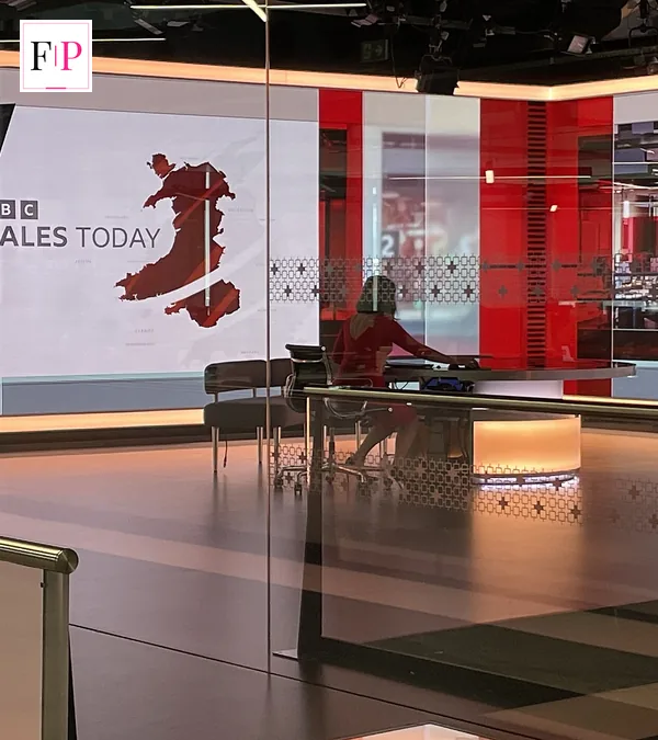 Inside a television news studio, the broadcasting world where claudia winkleman presents Strictly and The Traitors