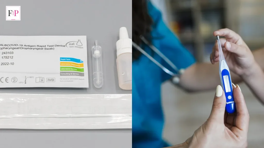 Covid Symptoms 2026: NHS List, Flu Differences & Care A Covid rapid antigen test and a nurse checking a child's temperature — recognising covid symptoms 2026