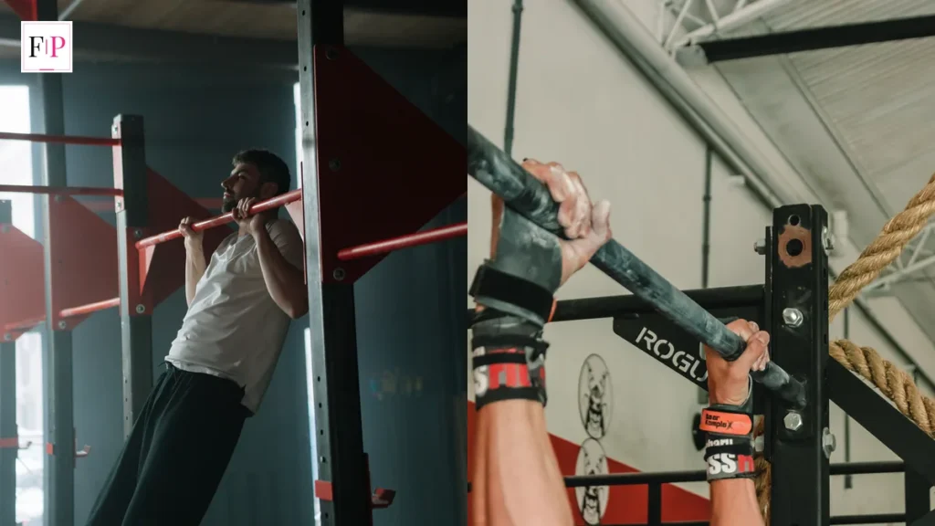 Man on a gym pull-up bar and chalked hands gripping a bar — dead hang exercise guide