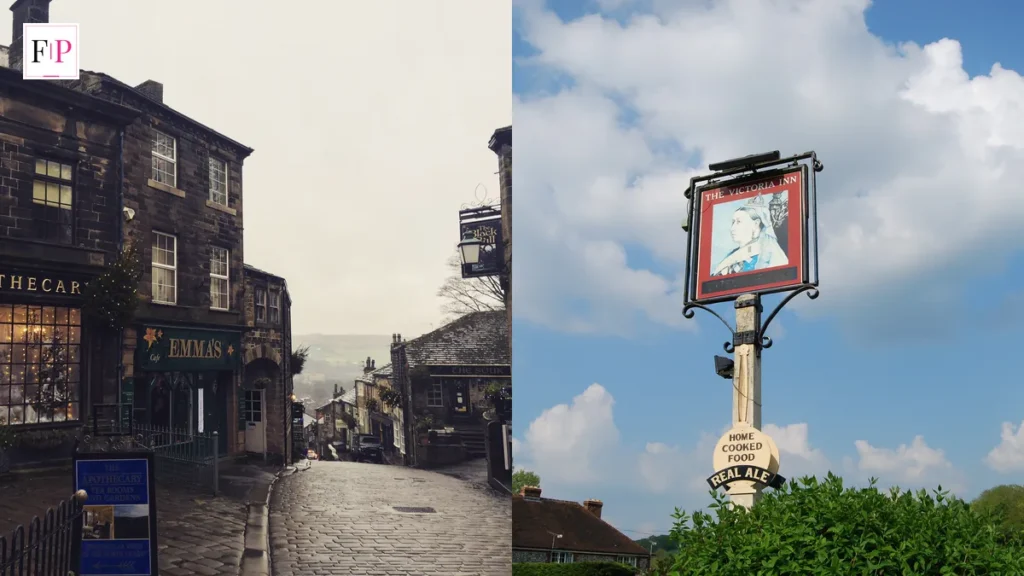 A Yorkshire village street in winter and a traditional pub sign — the village world of emmerdale spoilers
