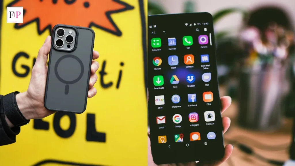 A hand holding an iPhone in a protective case and a smartphone showing its apps — the iphone 18 release date question