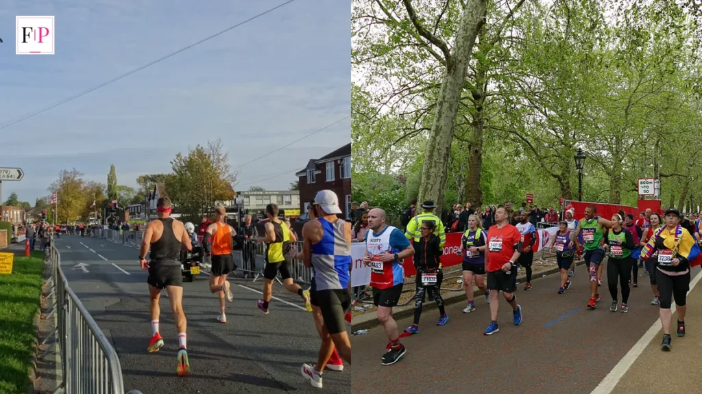 Lead runners racing in the York Marathon and runners nearing the finish of a road race — following a marathon training plan