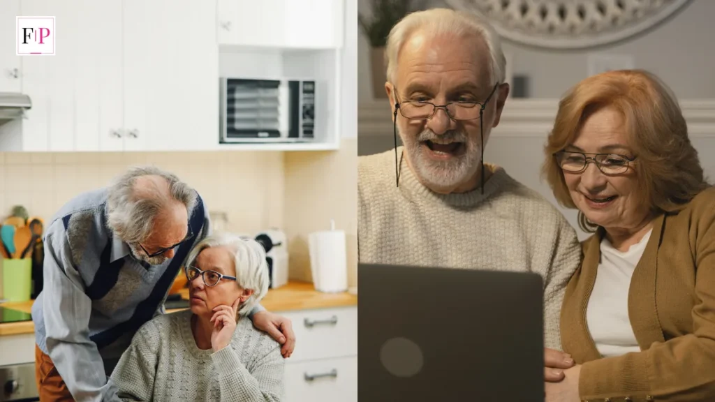An older couple checking paperwork in their kitchen and a smiling elderly couple with a laptop at home — pension credit explained