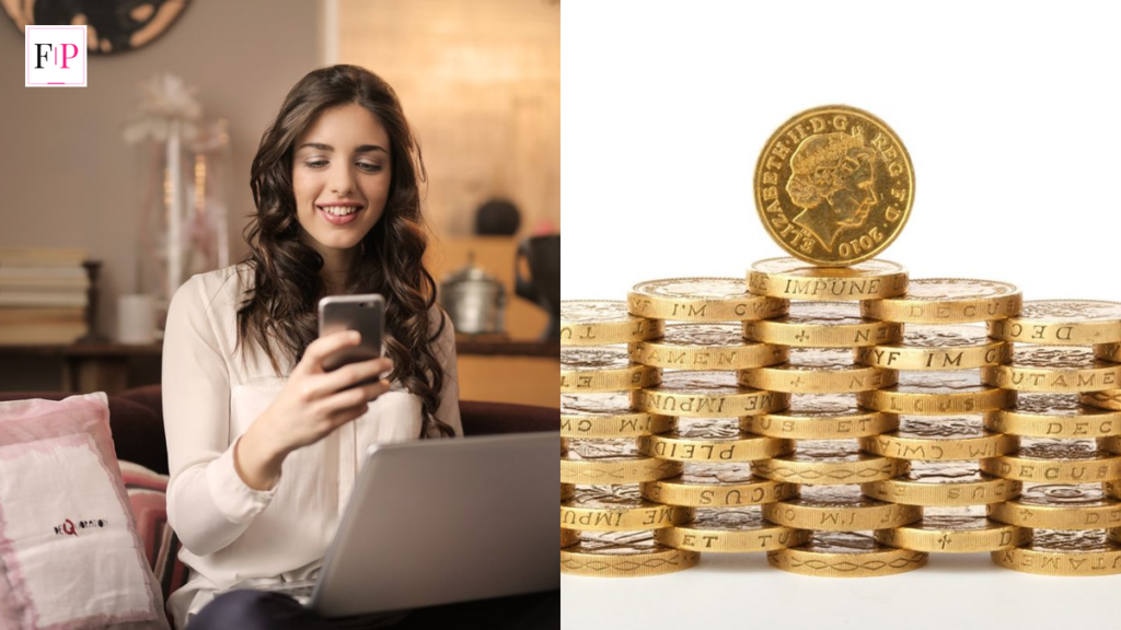 Premium Bonds prize checker: a woman checking her phone next to stacked British pound coins