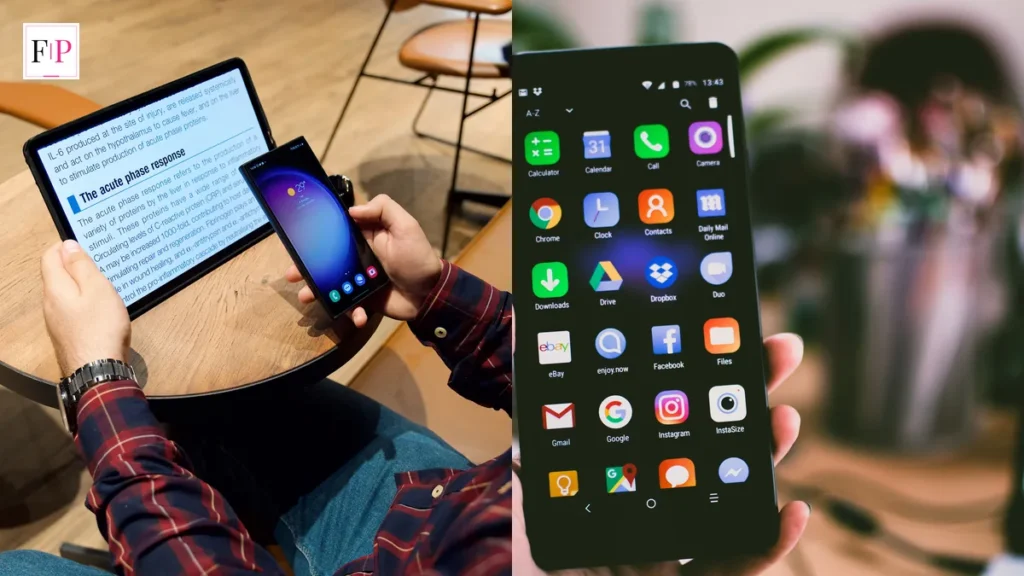 Samsung Galaxy Z Fold 8: Which? Best Buy Verdict Explained A man using a phone beside a large tablet screen and a smartphone held in the hand — samsung galaxy z fold 8 verdict