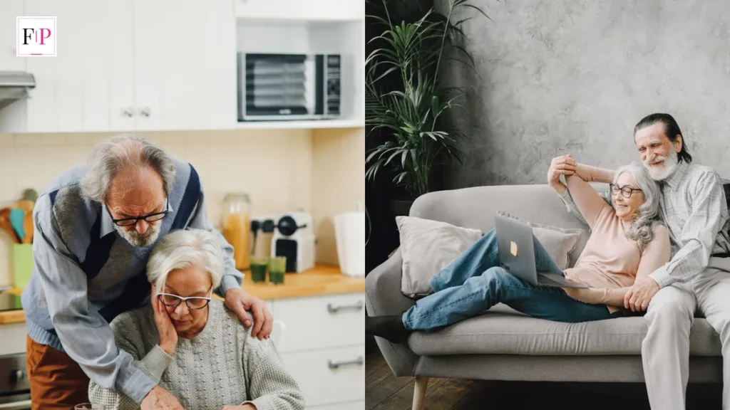 An elderly couple reading documents at home and a senior couple relaxing with a laptop — the state pension triple lock explained