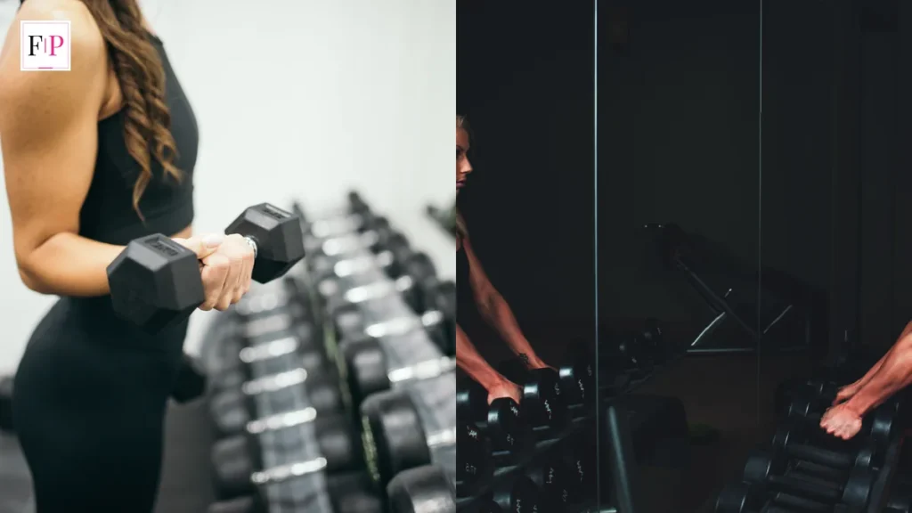 A woman curling dumbbells at a gym rack and a lifter training in a gym — strength training for beginners in action