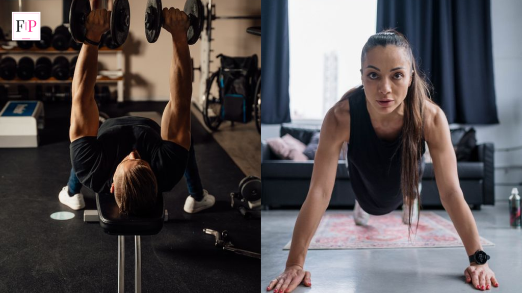 Man doing dumbbell skull crushers and woman doing press-ups at home — triceps workout at home guide
