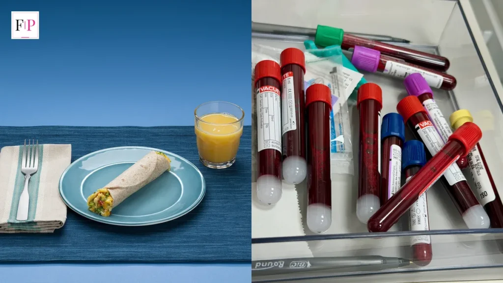 A breakfast plate with eggs and blood test samples in a laboratory — recognising vitamin b12 deficiency symptoms