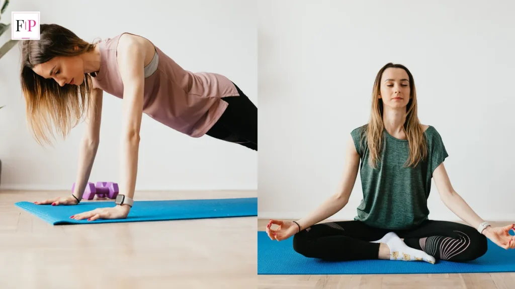 Wall Pilates Workout: 20-Minute Beginner Routine at Home A woman holding a plank on a blue mat at home and a woman sitting cross-legged on a mat against a white wall — wall pilates workout at home