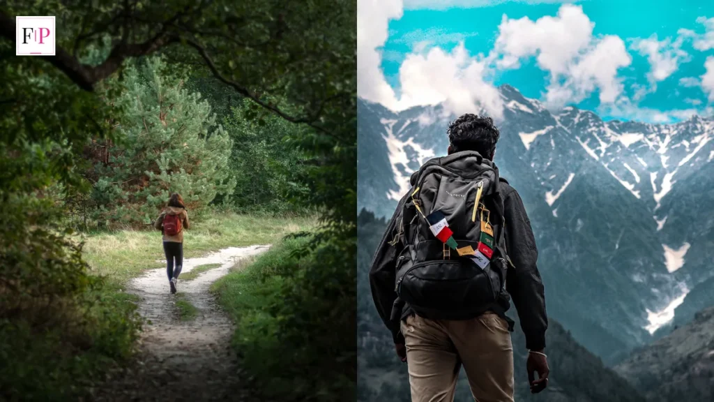 Weighted Vest Walking: 7 Benefits, Weights and Safety Tips Woman walking a woodland trail and a hiker with a backpack facing mountains — weighted vest walking guide