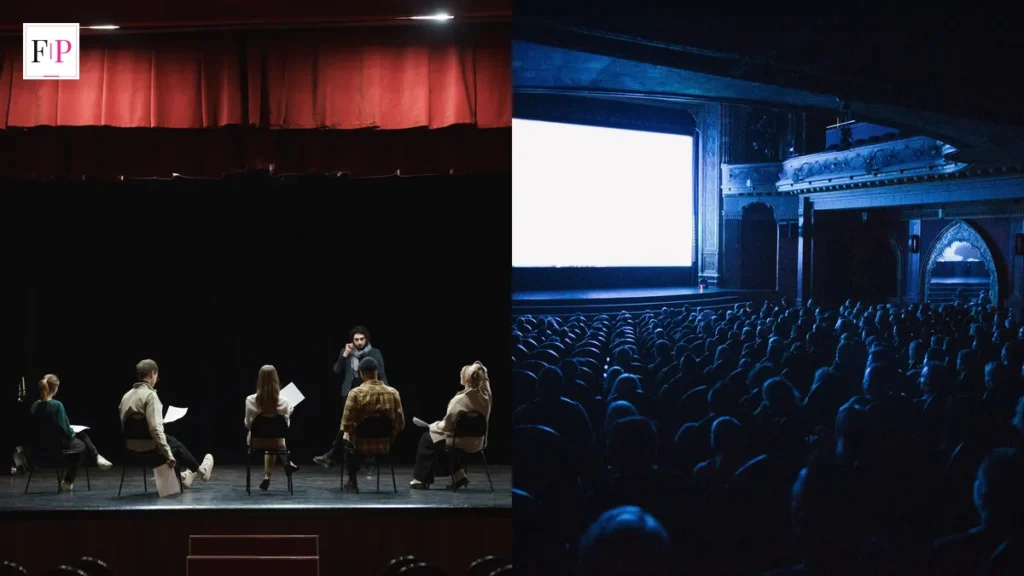 Actors rehearsing on a theatre stage and an audience seated in a cinema — who is michael sheen