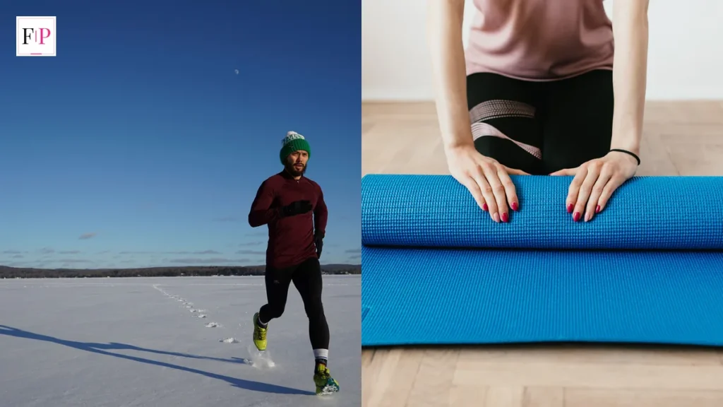 A man running across snow and a woman unrolling an exercise mat at home — winter wellness plan ideas for winter training indoors and out