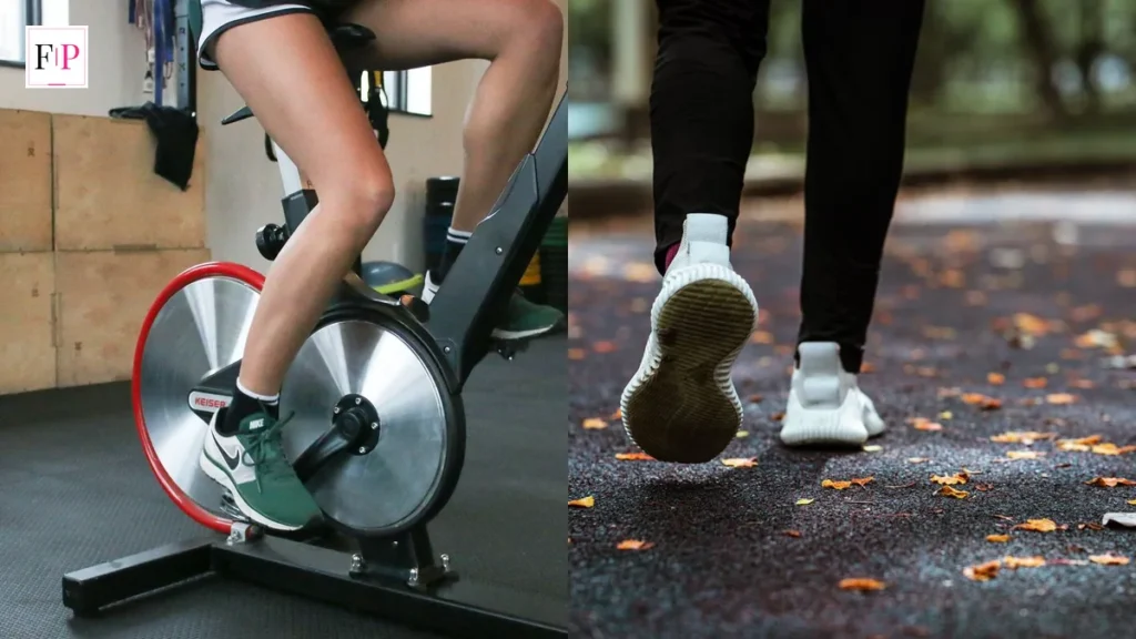 Stationary bike training and an easy jog on an autumn path — zone 2 cardio guide